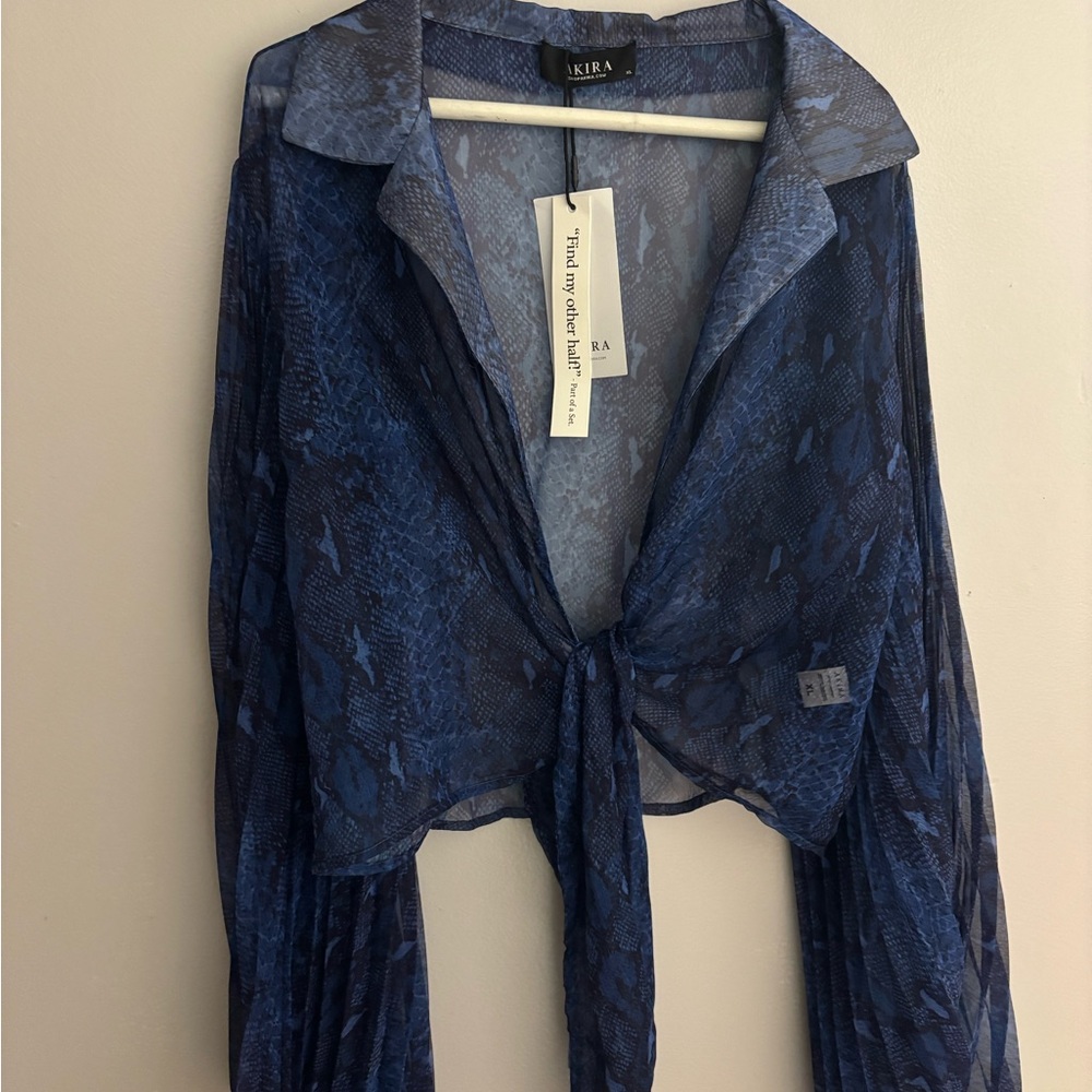 AKIRA Blue Snake Print Sheer Tie-Front Blouse NWT